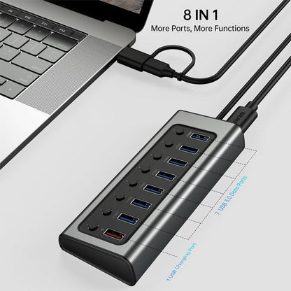 BENFEI 8-Port USB Hub with Power Adapter, USB Splitter Hub(7 Faster Data Transfer Ports + 1 Smart Charging Port) with Individual LED On/Off Switches