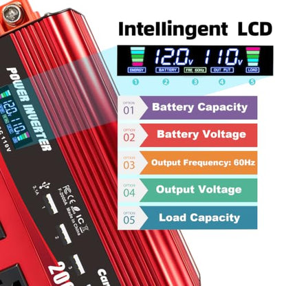 Cantonape 2000W Power Inverter 12V to 110V/120V DC to AC with LCD Display, Remote Controller 3 x AC Outlets and 4 x 3.1A USB Car Adapter for Car Truck Boat RV Solar System - size: 2000W-12V