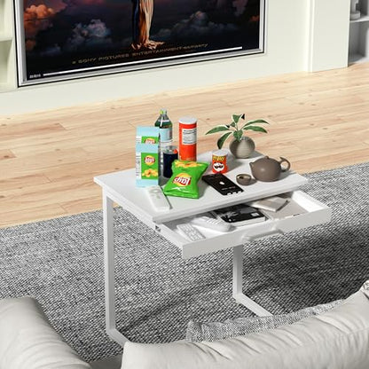 C Shaped End Table,Small Couch Side Table with Drawer,for Living Room, Bedroom Magazines, Computers, Coffee, Small Objects Storage.White - color: White