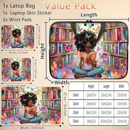 10 inch Laptop Sleeve with Laptop Skin Sticker Set – Slim Protective Case with Smooth Zipper, Lightweight Tablet & Notebook Sleeve for Travel & Daily Carry, Library Girl - color: Library Girl, size: 10 inch