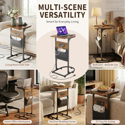C Shaped End Table with Charging Station, Small Side Table for Couch, C Table Slides Under Sofa with Storage Bag, TV Tray Table for Recliner, Living Room, Bedside, Bedroom, Small Spaces, Rustic Brown - color: Charging Station Rustic Brown