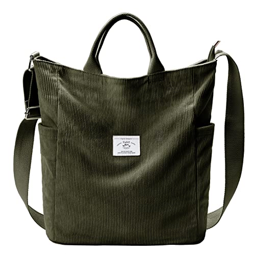 KALIDI Corduroy Tote Bag, Large Messenger Bag Shoulder Hobo Anti Splash Crossbody Zipper Bag Casual Work Shopping Women - color: Army Green