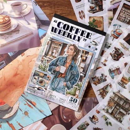 Scrapbooking Stickers - 500 Pre-Cut Washi Stickers & 20 Scrapbook Papers Coffee and People Sticker Books for journaling Scrapbooking Supplies - color: Coffee
