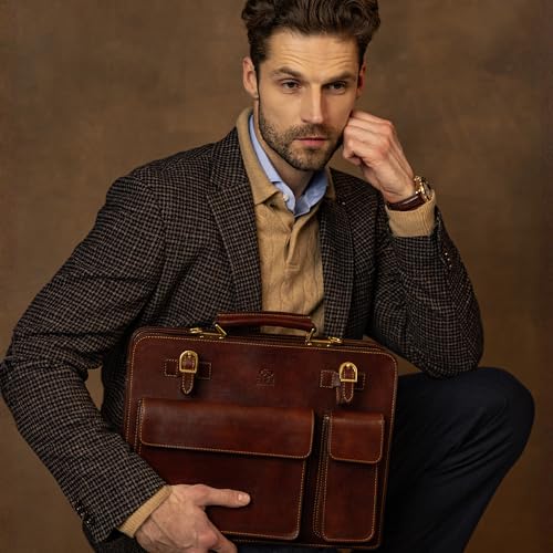 Time Resistance Leather Briefcase - Classy Bag for Men - Business and Vintage Briefcase Made in Italy - color: Brown
