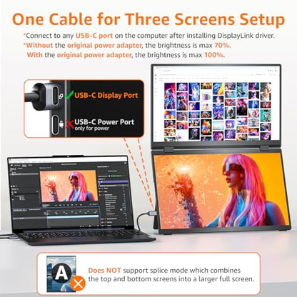 Upperizon Portable Monitor Foldable Dual Screen 15.6 inch FHD 107% sRGB IPS HDMI USB-C Travel Monitor for Laptop Mac PC Windows, DisplayLink Stacked Screen Extender with Kickstand, VESA Compatible - size: 15.6 inches