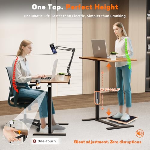 Overbed Table with Wheels, Adjustable Medical Bedside Table, Wood | Alloy steel frame, rubber wood top, cup holder & phone stand, hook, H-base, hydraulic 25.6-37.1", quiet casters, easy-clean - color: Wood Color