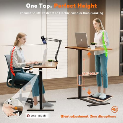 Overbed Table with Wheels, Adjustable Medical Bedside Table, Wood | Alloy steel frame, rubber wood top, cup holder & phone stand, hook, H-base, hydraulic 25.6-37.1", quiet casters, easy-clean - color: Wood Color