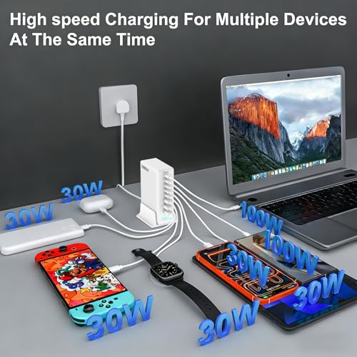 380W GaN III 8-Port Multi-Device USB-C Charger, PD 30W+100W PC Laptop Fast Charging Hub for MacBook/iPhone/iPad/Dell/Steam Deck, w/ 100W Cable, White