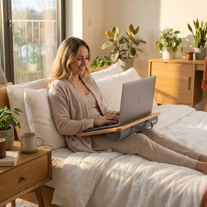 PEPE Mobility Wooden Portable Lap Laptop Desk with Pillow Cushion, Fits up to 15.6 inch Laptop, with Anti-Slip Strip and Handle, Natural Bamboo