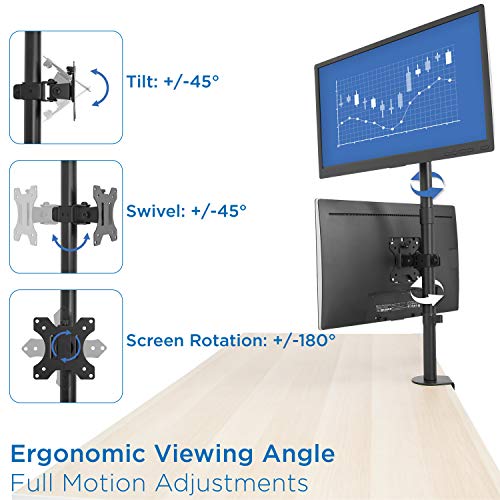 Mount-It! Vertical Dual Monitor Mount, Full Motion Dual Monitor Arm for 13–32" Screens, Heavy Duty Steel, VESA 75x75 100x100, C-Clamp or Grommet Base, Height Adjustable, Tilt Swivel Rotate, Black