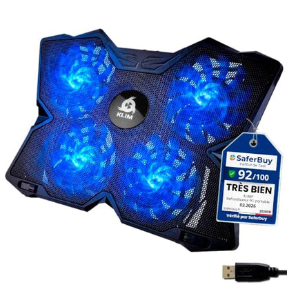 KLIM Wind Laptop Cooling Pad - More Than 500 000 Units Sold - New Version - The Most Powerful Rapid Action Cooling Fan - Laptop Stand with 4 Cooling Fans at 1200 RPM - USB Fan - PS5 PS4 - Blue - color: Blue