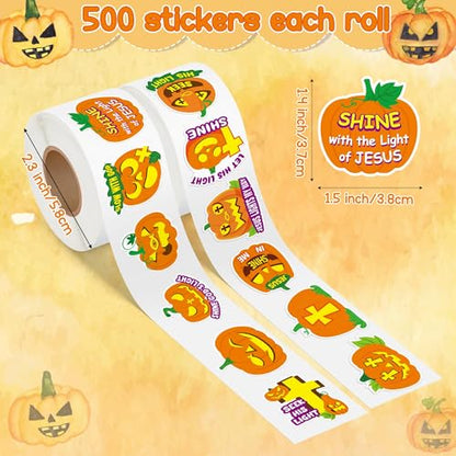 Haooryx Halloween Religious Sticker Rolls - 1000Pcs Religious Theme Pumpkin Bible Verse Stickers Self Adhesive Waterproof Vinyl Water Bottle Page Activity Pad Fall Halloween Party Favor Greeting Card - style: Religious Halloween Pumpkin 2Roll