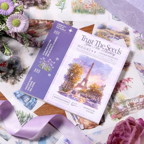 Scrapbook Stickers 50 Sheets Seasonal Landscape Sticker 400 Pre-Cut Washi Stickers Scrapbooking Supplies Collage Decorative DIY Arts Craft Making - color: Purple