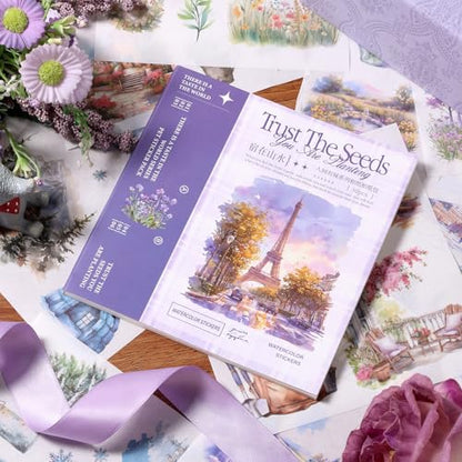 Scrapbook Stickers 50 Sheets Seasonal Landscape Sticker 400 Pre-Cut Washi Stickers Scrapbooking Supplies Collage Decorative DIY Arts Craft Making - color: Purple