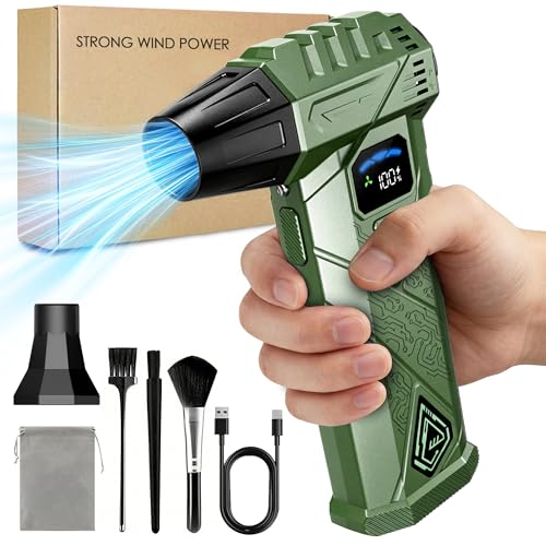 Compressed Air Duster, 130000RPM High-Speed Electric Air Duster with Smart LED Display & Stepless Speed Control, Rechargeable Cordless Air Blower for PC Keyboard, Car & Home Cleaning (Green) - color: Green