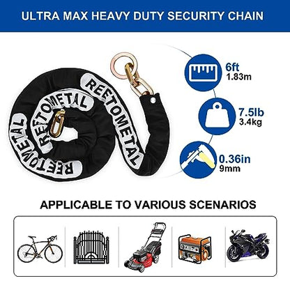 Heavy Duty Security Chain, 6 Foot x 3/8" Thick | Hardened Steel, Cut Proof, Anti-Theft Lock Chain, For Motorcycles, Bicycles, ATVs, Trailers, Containers - size: 6ft chain without lock