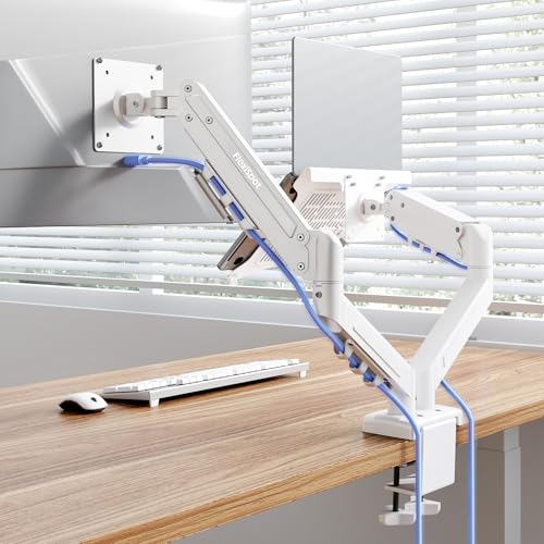 FlexiSpot Laptop Mount, Dual Monitor Arm with Laptop Tray, Fits Up to 32 Inch Monitor and 17.3 Inch Notebook, Full Adjustable Gas Spring Holds up to 19.84lbs per Arm for Office & Home, White - color: White, size: Max 19.84 lbs per arm