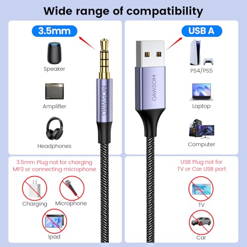 MOSWAG USB to 3.5mm, USB to Audio Jack Adapter with Microphone, PC Laptop to 3.5mm Male AUX Stereo Audio Converter Cord, Nylon Braided Cord Headphone AUX Cable for PC, Laptop, Windows, Home Stereo - size: 2 meters