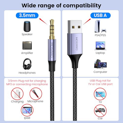 MOSWAG USB to Audio Jack Adapter, USB Male to 3.5mm Male AUX Stereo Audio Converter with Microphone, Nylon Braided PC AUX Cable Compatibility with PC, Laptop, Windows, Linux, Home Stereo,Headphone - size: 3 meters