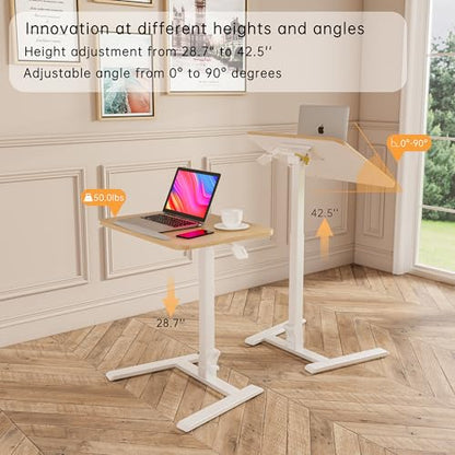 25" Mobile Folding Desk: Pneumatic Sit-Stand, No Assembly | 29-42" Height Adjustable Rolling Laptop Desk, Hidden Wheels, 0-90° Tilt Top. Ideal for Home Office, Craft & Study. - color: Beige