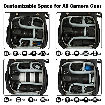 BAGSMART Camera Backpack, Large DSLR/SLR Waterproof Photography Bag Fit up to 15" Laptop with Tripod Holder, Waist Belt and Rain Cover, Black - color: E-black[double Buckle]