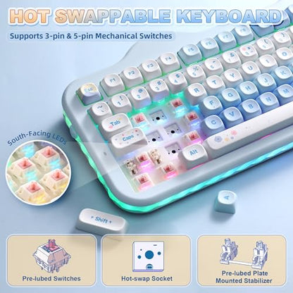 YUNZII C98 Cute Cake Wireless Mechanical Keyboard(Blue, Candy Switch) | 99 Keys with Number Pad, Hot Swap, PBT MOA Keycaps, BT5.0/2.4G/USB-C, Gasket Mount, Custom RGB Backlit for Win/Mac - color: Blue, size: Candy Linear Switch