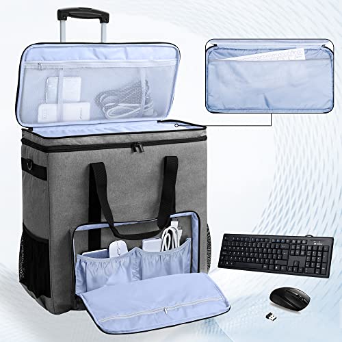 Rolling PC Carrying Case, Double Layers Desktop Tower Bag, Gray | Wheeled Computer Desktop Tower Case with Shoulder Straps Fit ATX/M-ATX Motherboards, Keyboard, Mouse, Cables & Earphones - color: Gray