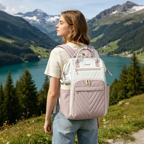 VANKEAN 15.6 Inch Laptop Backpack for Women Large Capacity Waterproof Daypack - color: Beige/Dusty Pink, size: 15.6 Inch