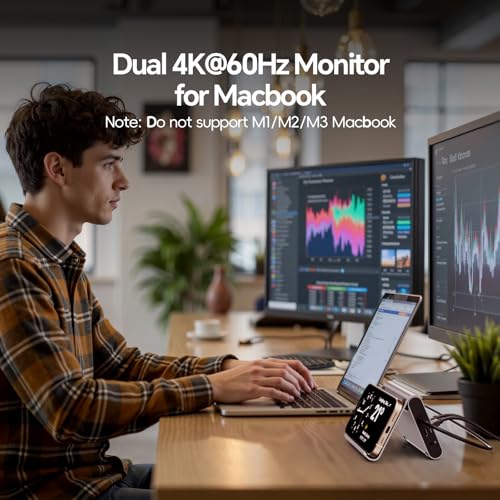 MacBook Pro Docking Station Dual Monitor 4K@60Hz for MacBook Pro/Air M3 Pro/M4/M5, PULWTOP USB C Docking Station Stand Laptop Dock with 2 HDMI, PD, Ethernet, USB A/C 10Gbps, Audio, SD/TF, USB 2.0