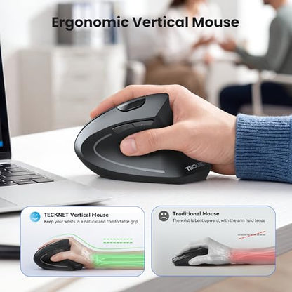 TECKNET Ergonomic Mouse Rechargeable Bluetooth - 4800 DPI Vertical Mice 6 Adjustable Levels, Wireless Optical Carpal Tunnel Mouse Right Hand, Multi Device for Laptop, PC, Computer, MacBook - Black - color: Black