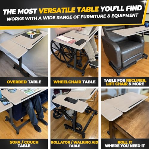 Recliner Table, Over the Bed Table with Wheels, Adjustable Width & Height, with Split Tilt Design & 4 Caster Wheels with Brakes (Beechwood Tabletop, Black Base) - color: Beechwood, Black Base