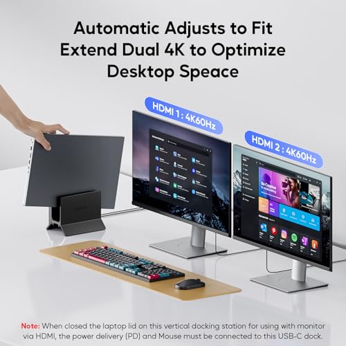 USB C Laptop Docking Station Dual Monitor, 11 in 1 Vertical Dock with 2 HDMI 4K, 3 USB A/C 10Gbps, 2USB-A 5Gbps, USB A 2.0, Ethernet, Docking Station Stand for Type-C Laptops - Black