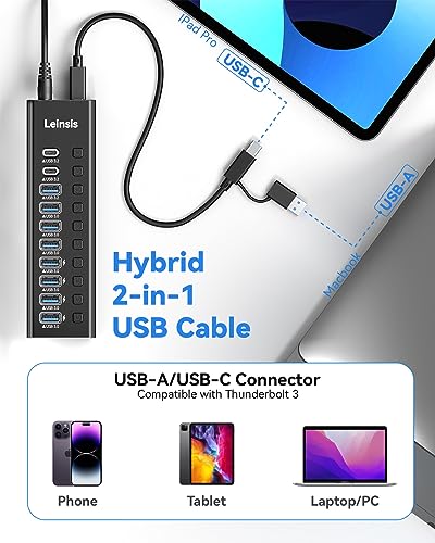 Powered USB Hub 3.2, LEINSIS 10-Port USB 3.2/USB C Hub (10Gbps USB-A 3.2 +2 USB-C 3.2 +7 USB 3.0 Ports) with Individual On/Off Switches and 12V Power Adapter, Aluminum USB Hub Powered for Laptop PC - size: 10-Port USB 3.2 Hub