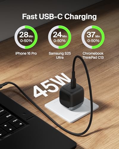 Belkin 45W Compact USB C Charger Block, Fast Charging for Travel | PD 3.1, PPS, Travel Charger, Chromebook, iPad, iPhone 17, Samsung Galaxy, Pixel, Nintendo Switch 2, Foldable Prongs - color: Black, style: Single Pack