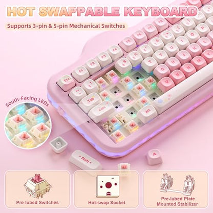YUNZII C98 Cute Cake Wireless Mechanical Keyboard(Pink, Candy Switch) | 99 Keys with Number Pad, Hot Swap, PBT MOA Keycaps, BT5.0/2.4G/USB-C, Gasket Mount, Custom RGB Backlit for Win/Mac - color: Pink, size: Candy Linear Switch