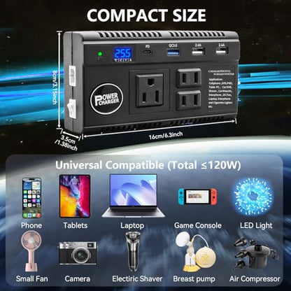 Car Power Inverter 120W DC 12V 24V to AC 110V Car Charger Adapter with 3 AC Outlets Dual Cigarette Lighter 4 USB Ports Charger Quick Charging 3.0 for Phones Tablets Laptops Kindle (Black)