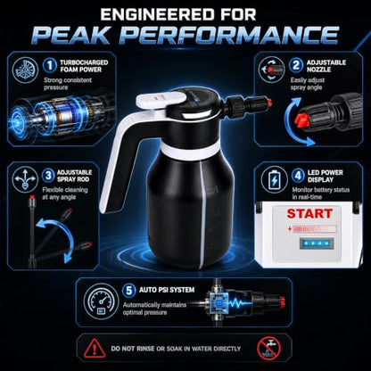 Electric Foam Sprayer, 2L/68oz Portable, Rechargeable Cordless | Automatic Foam Sprayer, One Button Operation, Leak Resistant, Easy to Clean, for Car Wash Detailing, Garden, Home Cleaning