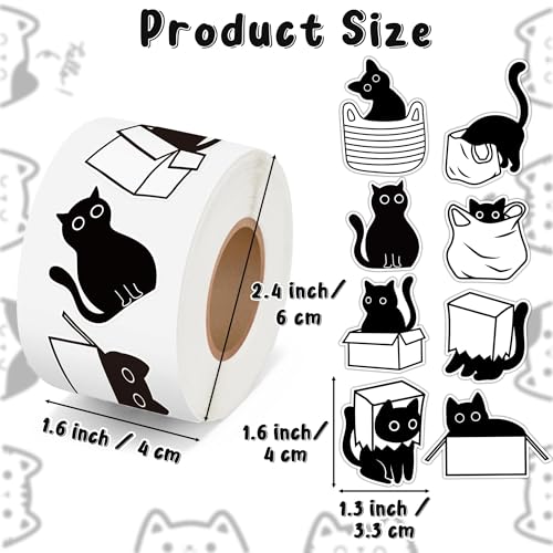 CNhoqc Black Cat Sticker Rolls - 2000Pcs Black White Cute Black Cat Animal Water Bottle Stickers Coloring Book Self Adhesive Waterproof Vinyl Scrapbook Supplies Page Activity Pad Birthday Party Favors - style: Black Cat 4-Rolls