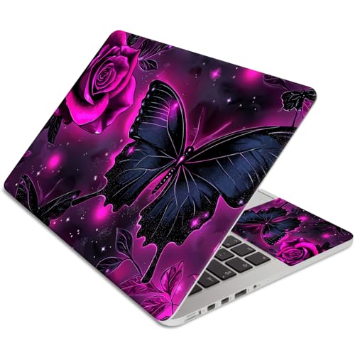 15.6 Inch Laptop Skin Sticker, Reusable Vinyl Cover Protector with 2 Wrist Pad Skins, Removable Waterproof Scratch-Resistant for 12-15.6 Inch Laptop Notebook,Purple Rose and Butterfly - color: Purple Rose And Butterfly