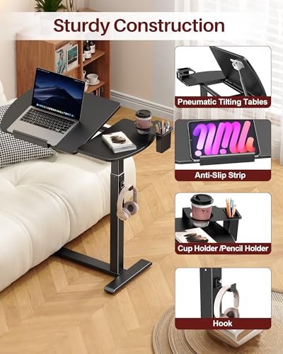 Overbed Bedside Table with Wheels, Black | Pneumatic Adjustable, Tilting Desktop, Cup Holder/Pen Holder/Hook, Mobile Standing Desk, For Bed/Sofa/Hospital Use - color: Black