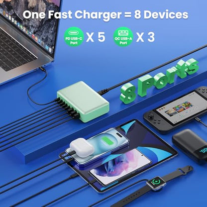 USB C Charger 300W USB C Charger Block GaN IV 8-Port Fast Charging Station Hub,Upgraded PD 100W Laptop Desktop Chargers Adapter for MacBook Pro/Air,DELL,Steam Desk,iPhone 17/16,Samsung Galaxy S25-Mint