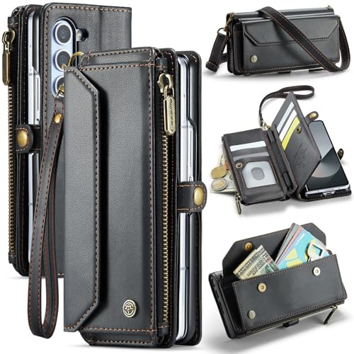 Dteck for Samsung Galaxy Z Fold 5 Flip Wallet Case with Shoulder/Wrist Strap - Built-in Elastic Pen Holder, Card Slots, Pocket, Button Closure, Stand Function, PU Leather Protective Folio Cover, Black - color: 01_Black, size: for Samsung Galaxy Z Fold 5