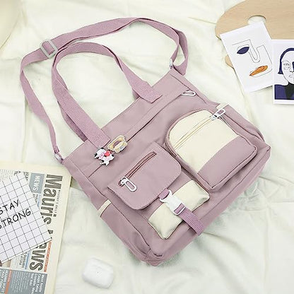 Phaoullzon Cute Messenger Bag Kawaii Crossbody Purse for Teen Shoulder Tote | Gifts for Girls/ Women, Nylon Japanese College Satchel Travel Work Gym Handbag - color: Purple, style: Large(could Fit 14" Laptop)