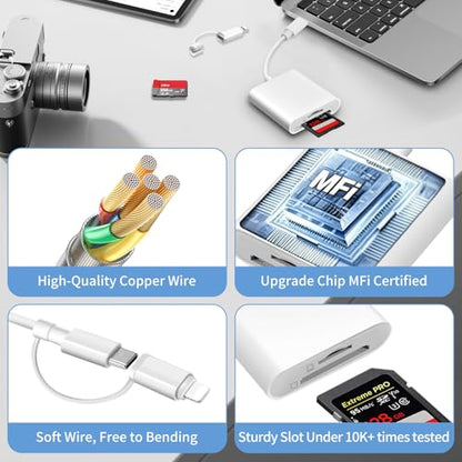[Apple MFi Certified] SD Card Reader for iPhone iPad, USB C & Lightning Dual Interface Memory Card Reader, Digital Camera Adapter to iPhone, Trail Game Camera Viewer Supports SD/TF Card, Plug & Play - color: white-Card Reader 01