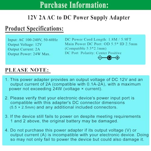 12V 2A Power Supply Adapter with ON/Off Switch, for 12V LED Strip Light. | AC 100-240V 50-60hz, fit for 12Vdc LED Strip Light Hard Drive CCTV Camera Keyboard Router DVD Player, with 5 DC Tips.