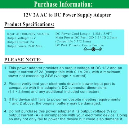 12V 2A Power Supply Adapter with ON/Off Switch, for 12V LED Strip Light. | AC 100-240V 50-60hz, fit for 12Vdc LED Strip Light Hard Drive CCTV Camera Keyboard Router DVD Player, with 5 DC Tips.