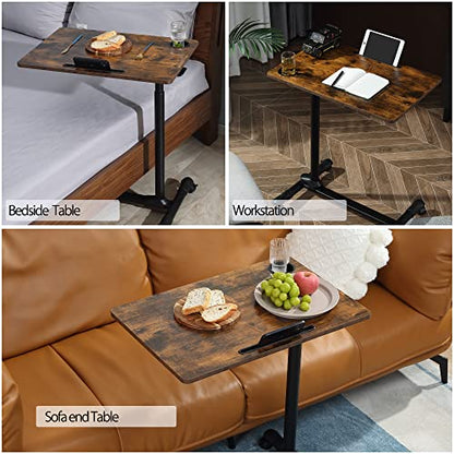 ETHU Overbed Table with Hydraulic Lift, 27.1-34.2 Inch Height Adjustable Bed Table with Lockable Casters - Wood Grain Tabletop with Cup Holder & Charging Slot, 22lbs Capacity Rolling Bedside Desk - color: Walnut