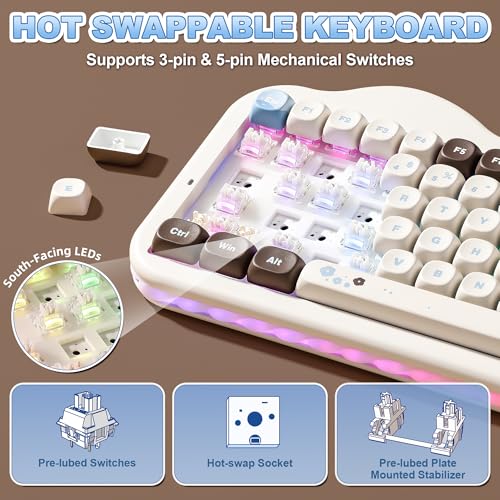 YUNZII C75 Cute 75% Wireless Mechanical Keyboard (Choco, Milk V2 Switch) | Creamy Cake Keyboard, BT5.0/2.4G/USB-C, Hot-Swap, NKRO, PBT MOA Keycaps,5500mAh RGB Gasket Mount for Mac/Win/Gaming/Office - color: Choco, size: Milk V2 Switch