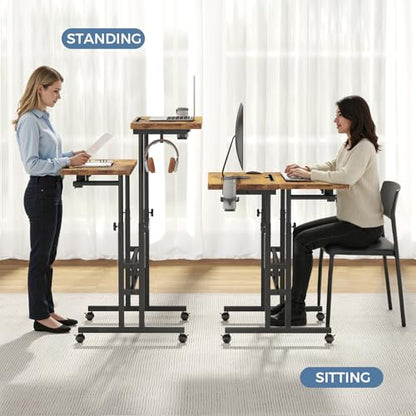 DUMOS Rolling Standing Desk, Sit Stand Desk, Computer Cart | 23.6 Inch Width, Height Adjustable, Split Top, Mobile Laptop Workstation, Office Table, Portable Design, Rustic Brown - color: Brown