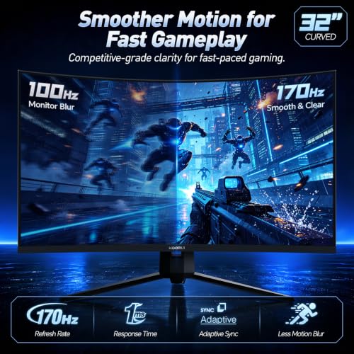 KOORUI 32 inch Curved Gaming Monitor, QHD 170Hz, 1ms 1500R Display | 2560×1440 Monitor, Adaptive Sync, 90% DCI-P3, HDMI×2 and DP, VESA, FPS & Console Gaming, Immersive Gaming, Home Entertainment - size: 32inch 170Hz/QHD/Curved